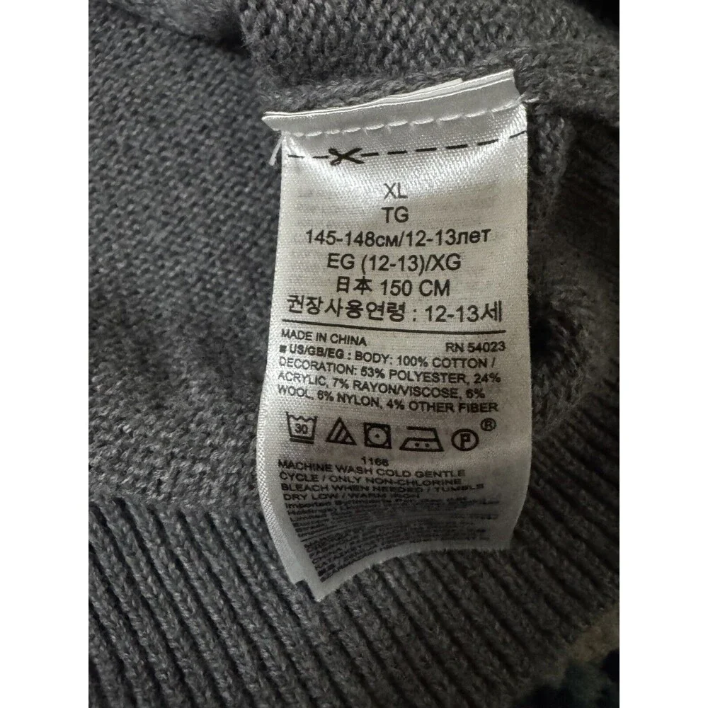 GAP Kids Gray Cotton Tartan‎ Plaid Logo Crewneck Sweater Size XL Festive Xmas